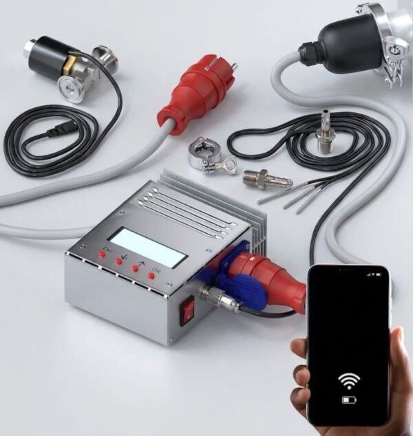 Automatinė valdymo sistema „5 viename“ distiliavimo aparatui su galios reguliatoriumi-stabilizatoriumi